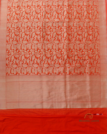 Orange Handwoven Pure Kataan Silk Brocade Shikargah Jaal Benarasi Saree
