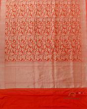 Load image into Gallery viewer, PRE-ORDER:Orange Handwoven Pure Kataan Silk Brocade Shikargah Jaal Benarasi Saree
