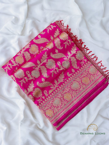 Pink Handwoven Pure Kataan Silk Kadhua Jangla Benarasi Saree