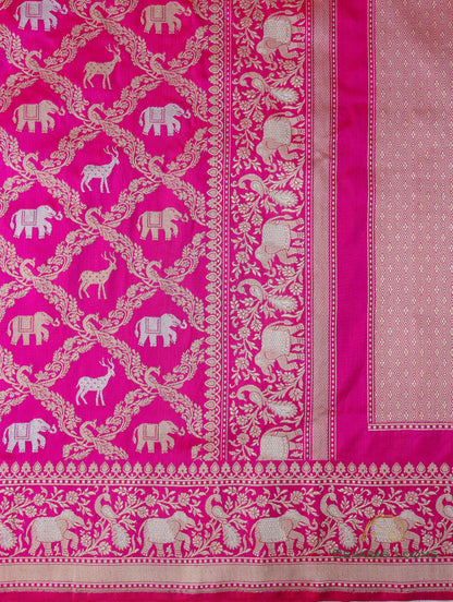 Pink Handwoven Pure Silk Shikargah Banarasi Saree