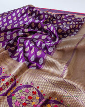 Load image into Gallery viewer, PRE-ORDER:Purple Handwoven Pure Kataan Silk Buti Jaal Banarasi Saree
