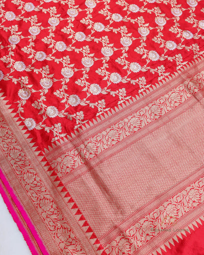 Red Handwoven Kadhua Jangla Alfi Banarasi Dupatta