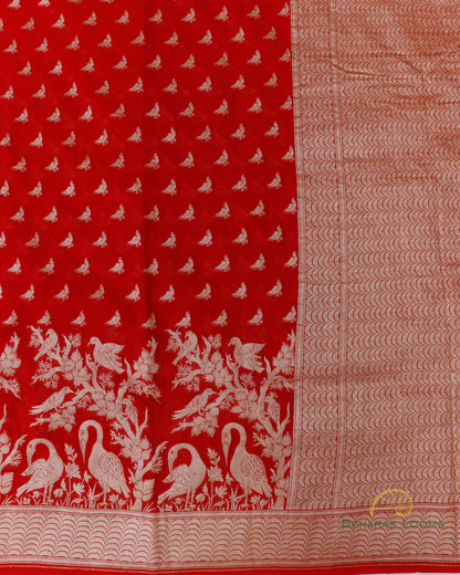 Red Handwoven Pure Georgette Shikargah Banarasi Saree