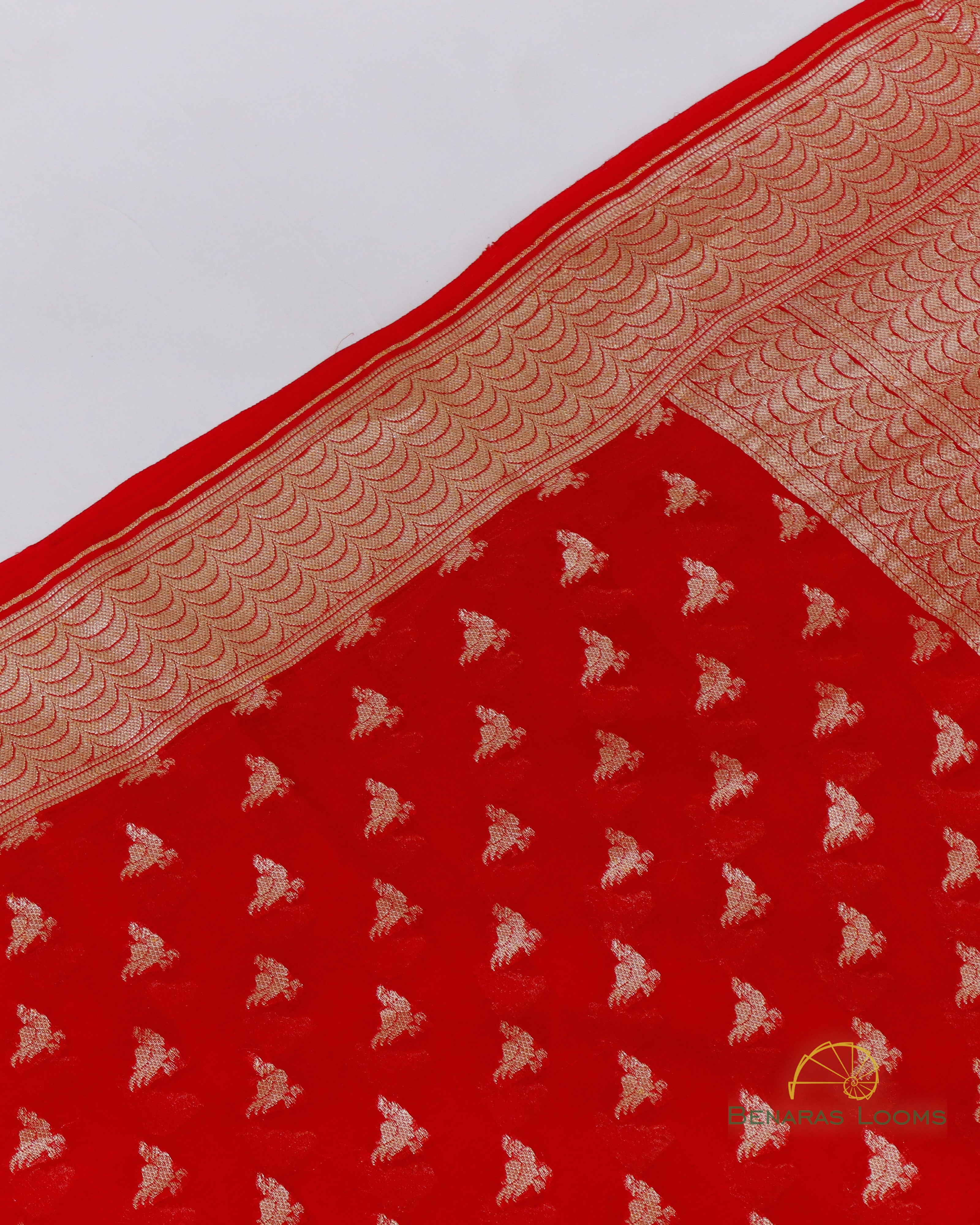 Red Handwoven Pure Georgette Shikargah Banarasi Saree
