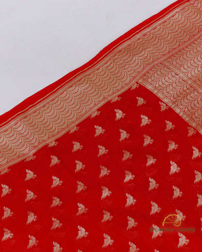 Red Handwoven Pure Georgette Shikargah Banarasi Saree